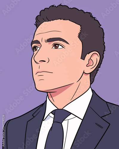 A businessman stands in formal attire with his head turned slightly upwards against a purple background. He seems deep in thought.