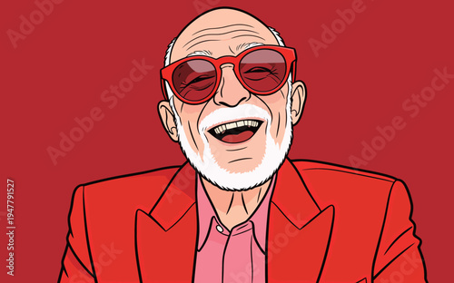 A man laughs while wearing large red sunglasses and a red jacket with a pink shirt. The setting is a bright red background.