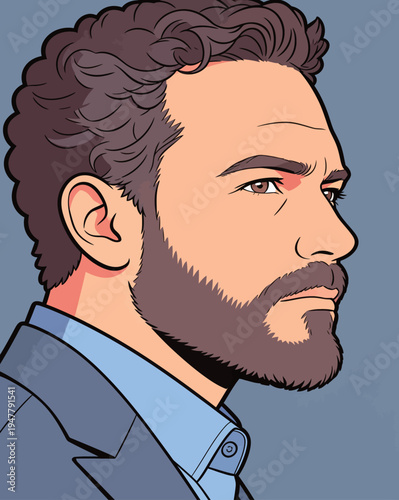 A man is shown in profile wearing a suit. He has curly hair and a beard. The background is blue, and the focus is on his face.