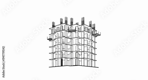 Wireframe architectural drawing of a concrete building under construction