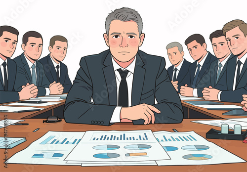 A man sits at the center of a table during a business meeting with charts and reports in front of him while coworkers observe.