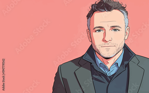 A man stands against a pink background. He has short hair and wears a coat over a blue shirt. He smiles gently.