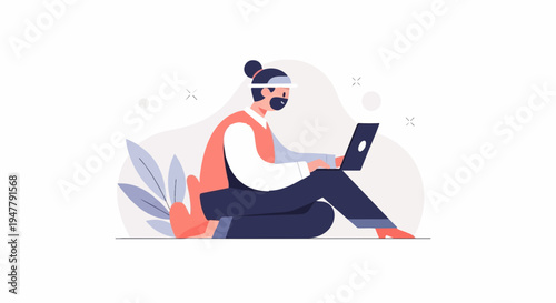 Person in colorful outfit working on a laptop, surrounded by abstract shapes and plants