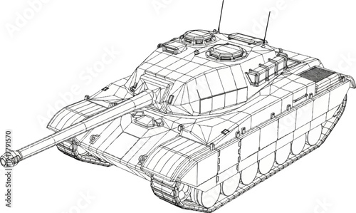 Wireframe blueprint of a powerful military tank with detailed tracks and turret