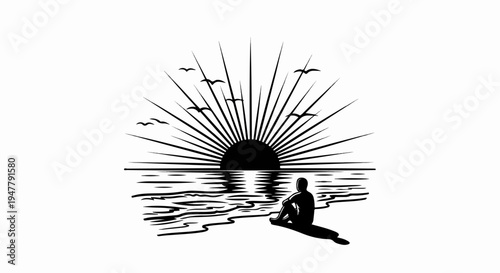 Lone surfer watches a radiant sunrise over calm ocean waves with birds flying