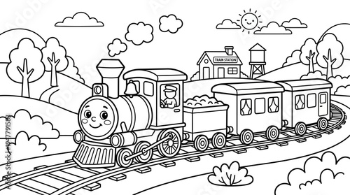 Smiling cartoon train engine with carriages.
