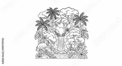 Lush jungle scene with a waterfall, palm trees, and various animals