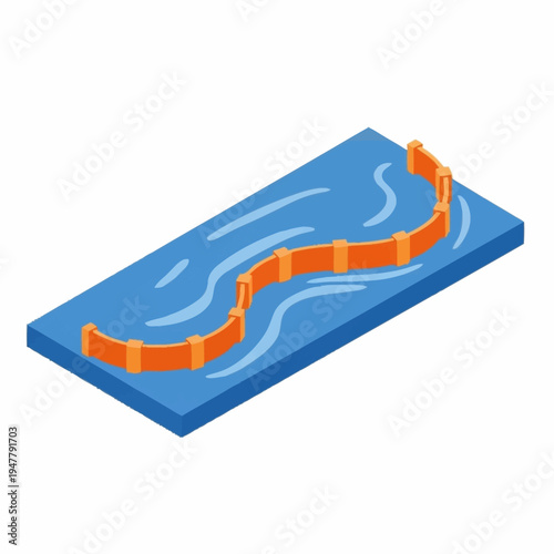 Isometric illustration of a floating barrier in blue water, possibly for containment or protection.