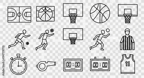 Basketball Icons - Court, Ball, Hoop, Player, Referee, Timer, Whistle, Scoreboard, Jersey.