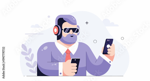 Man with VR headset and headphones holding two phones, in modern art style