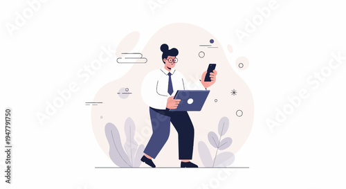 Person in formal attire holding laptop and phone, walking amidst abstract shapes