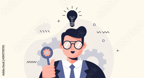 Man with wrench and idea lightbulb, surrounded by gears and shapes