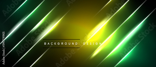 Abstract neon lines create dynamic gradient effect. Yellow, green hues dominate dark background. Modern design element.