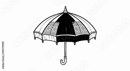 Ornate umbrella with patterned panels and a curved handle