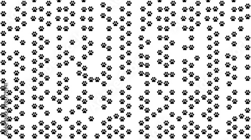 Repeating pattern of black paw prints on a white background, ideal for textile design or crafts