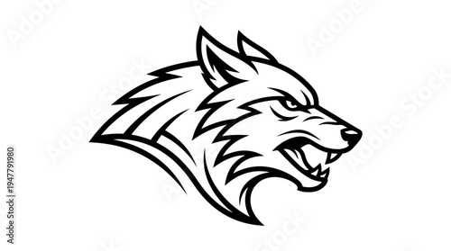 Fierce wolf head illustration showcasing intricate details and sharp features in a bold design