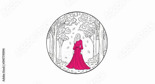 Young woman in a flowing pink dress stands among trees in autumn