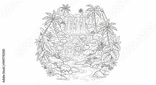 Lush jungle waterfall with cascading water over rocks, framed by palm trees