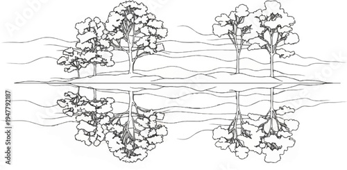 Stylized trees reflected in serene, wavy water