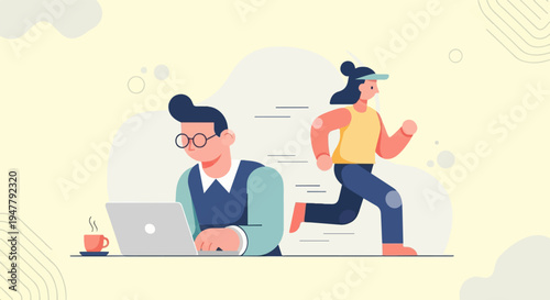 Male working on laptop near steaming coffee, female runner in motion