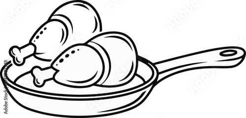 Two delicious chicken legs being fried in a pan, drawn in a simple black and white sketch style