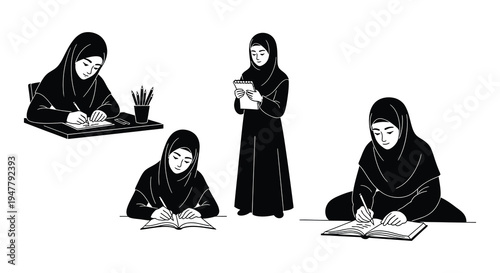 Black and white illustration depicting muslim women studying and reading