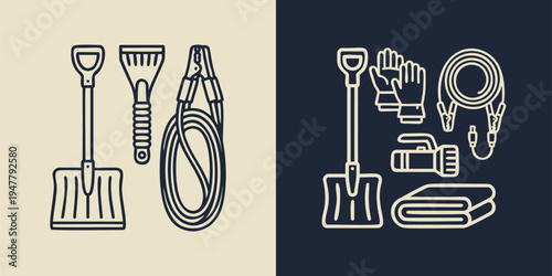 Winter Emergency Car Kit Icons and Roadside Safety Tools Set