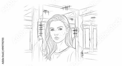 Young woman's portrait amidst decaying structural elements