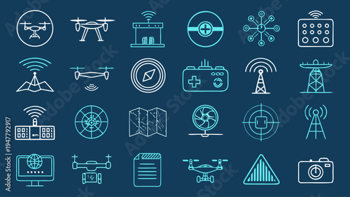 Comprehensive Collection of Drone Technology Icons Illustrating Advanced Aerial Surveillance, Remote Control Systems, Navigation, and Data Transmission Concepts for Modern Applications
