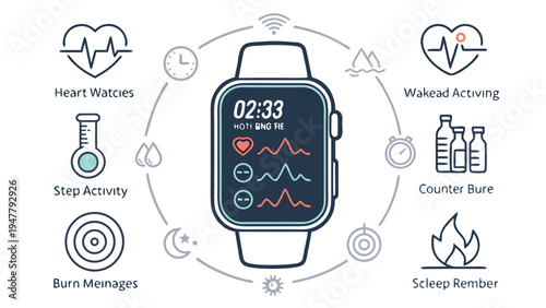 Smartwatch health and fitness features infographic illustrating comprehensive activity tracking, heart rate monitoring, and sleep analysis for a modern digital lifestyle