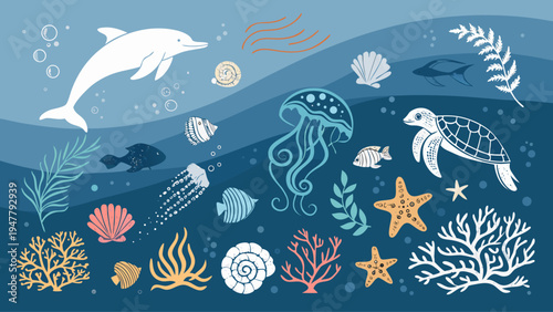 Vibrant Underwater World Illustration Featuring Diverse Marine Life Playful Dolphin, Graceful Jellyfish, Sea Turtle, and Colorful Corals in Ocean Waves