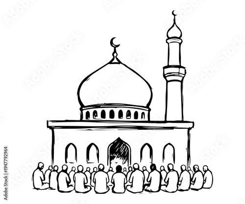 Mosque with crescent moon line art vector illustration Islamic architecture