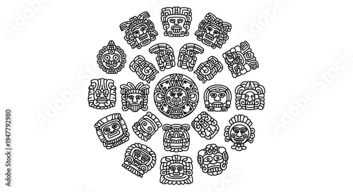 Ancient Mayan Glyphs and Symbols Arranged in Circle