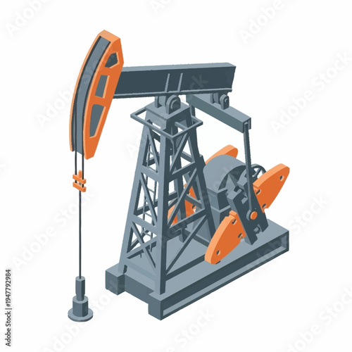 Isometric illustration of an oil pump jack, a machine used to extract petroleum from the ground.