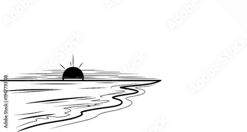 Minimalist black and white depiction of a sunrise over calm water