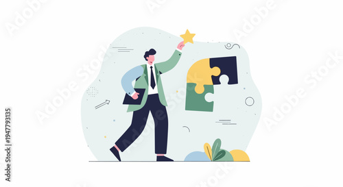 Man holding star completing a puzzle with abstract elements