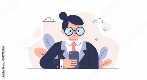 Modern illustration of a person in a suit holding a smartphone