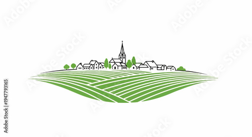 Stylized village nestled amongst green, rolling hills and fields