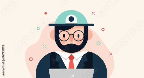 Minimalist bearded man in a suit and hat with glasses works on a laptop