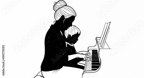 Woman and child learning to play piano together