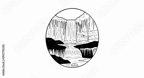 Stylized waterfall in a circular outline with rocky terrain