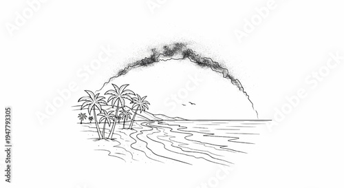 Stylized volcano eruption over a tropical beach with palm trees and ocean