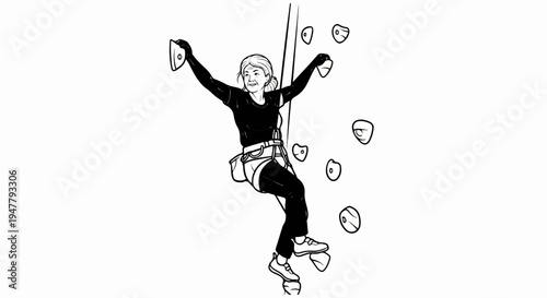 Woman ascends a climbing wall, gripping holds with outstretched arms