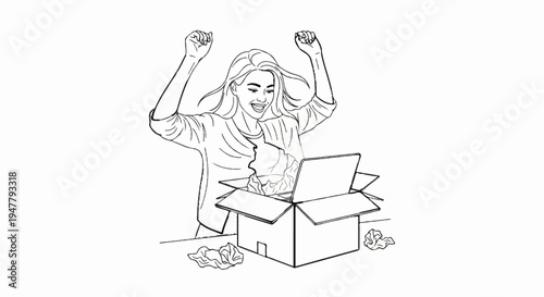 Woman celebrating with a new laptop from an open box