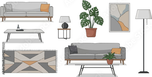 Modern living room decor with two sofas, coffee tables, lamps, rug, and plant