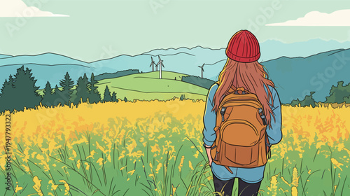 A person stands in a yellow flower field watching wind turbines on hills under a clear sky during the day.
