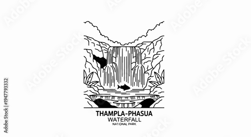 Stylized waterfall scene with crashing water, rocks, plants, and a fish