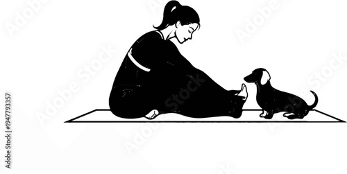 Woman doing yoga stretch with a small dog watching