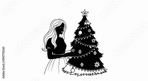 Woman decorating a Christmas tree with ornaments and lights