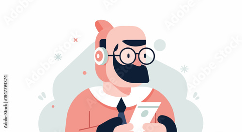 Minimalist cartoon character with headphones and glasses, focused on phone